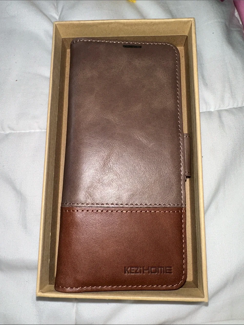 KEZHIONE Brown Two-Tone Leather Folio Phone Case
